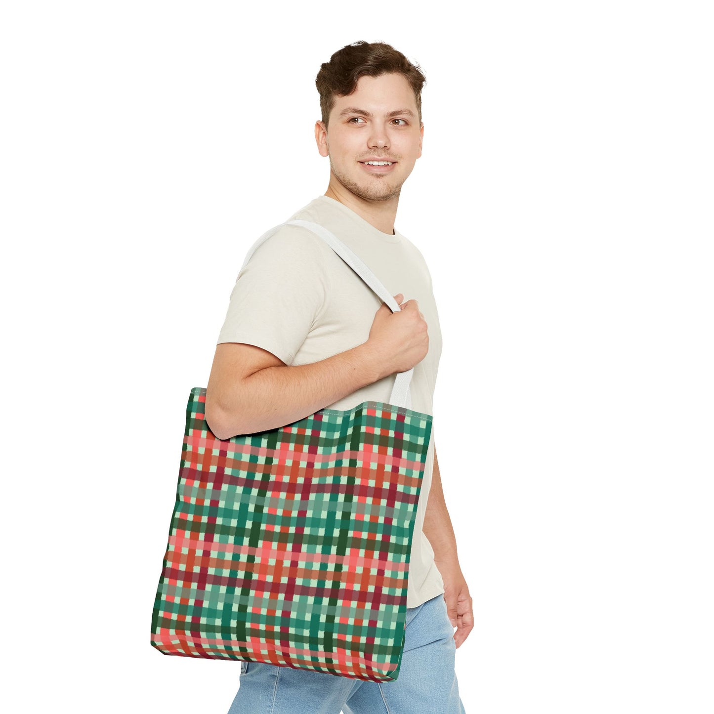 Green & Red Checkered Tote Bag - Festive Holiday Shopping Tote