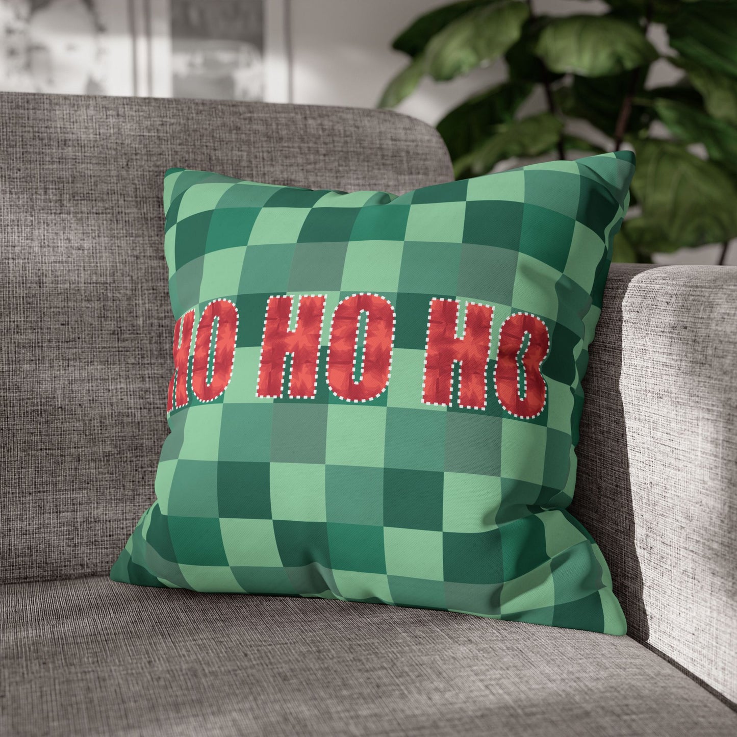 Square Pillowcase - Christmas Green Check Pattern, Ho Ho Ho Festive Vibe