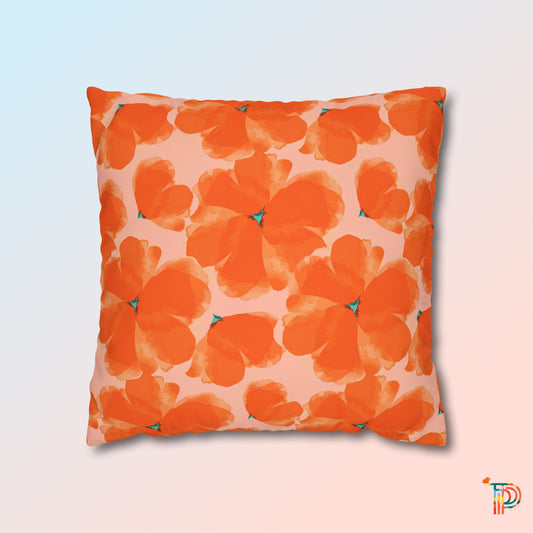 Orange Floral Square Poly Canvas Pillowcase