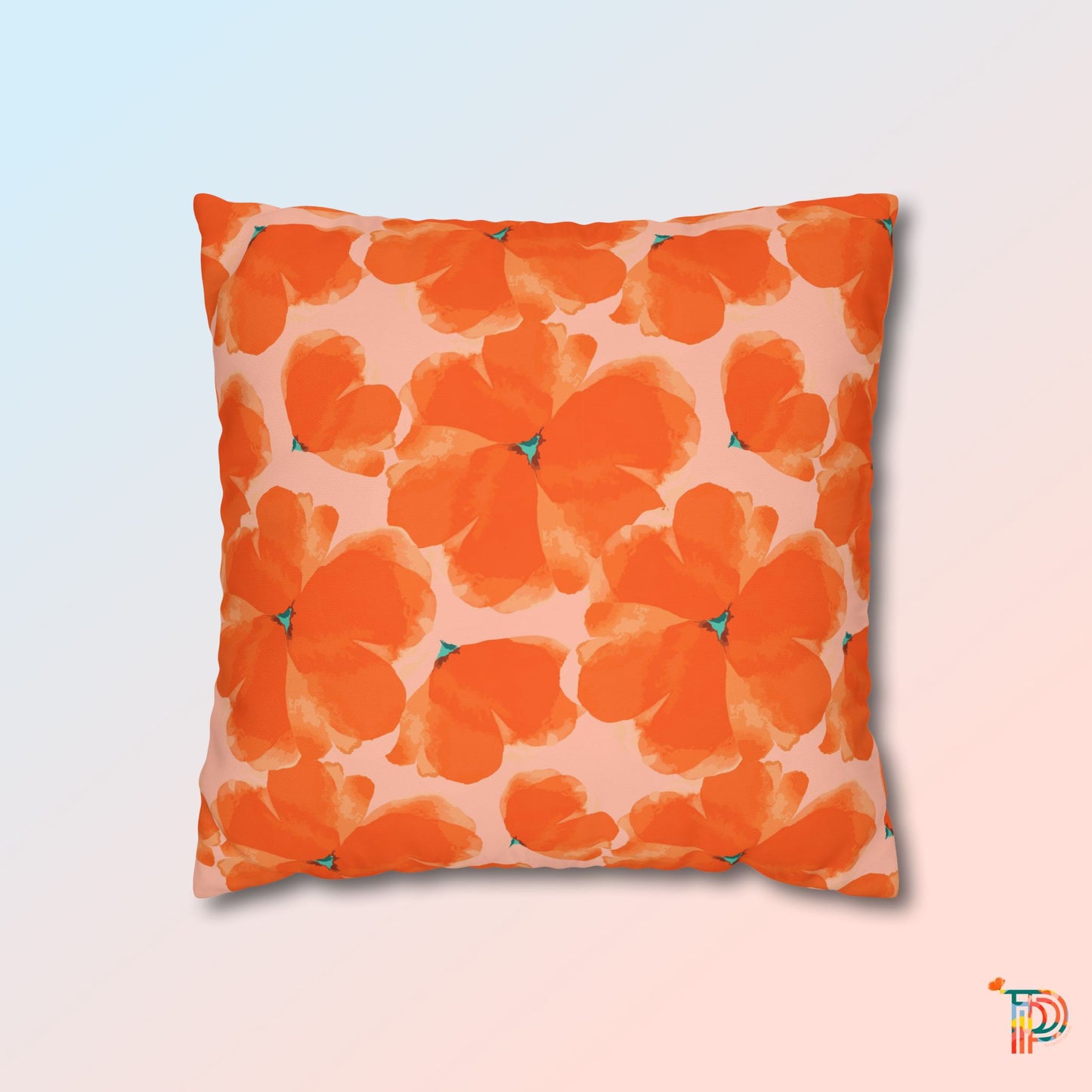 Orange Floral Square Poly Canvas Pillowcase