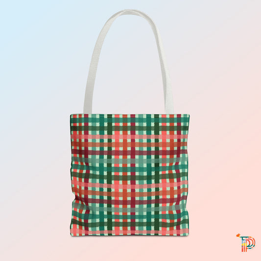 Green & Red Checkered Tote Bag - Festive Holiday Shopping Tote