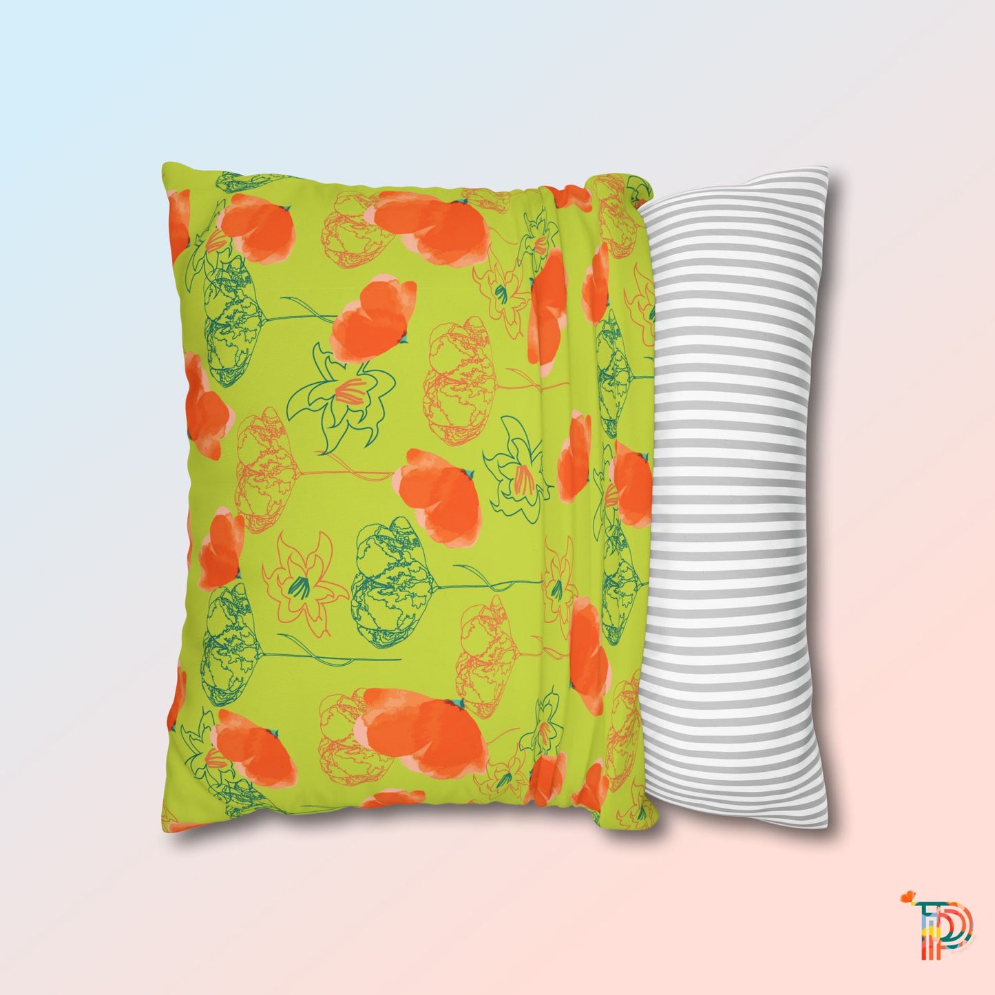 Lime Green Floral Square Poly Canvas Pillowcase