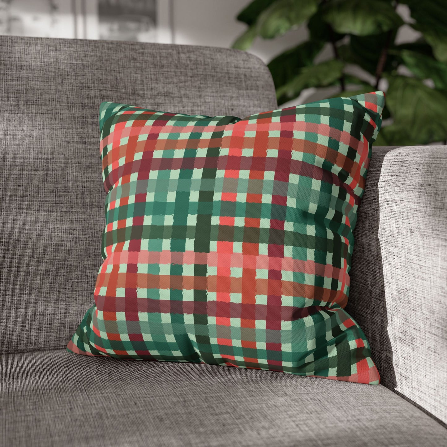 Poly Canvas Pillowcase - Festive Gingham Pattern in Red and Green