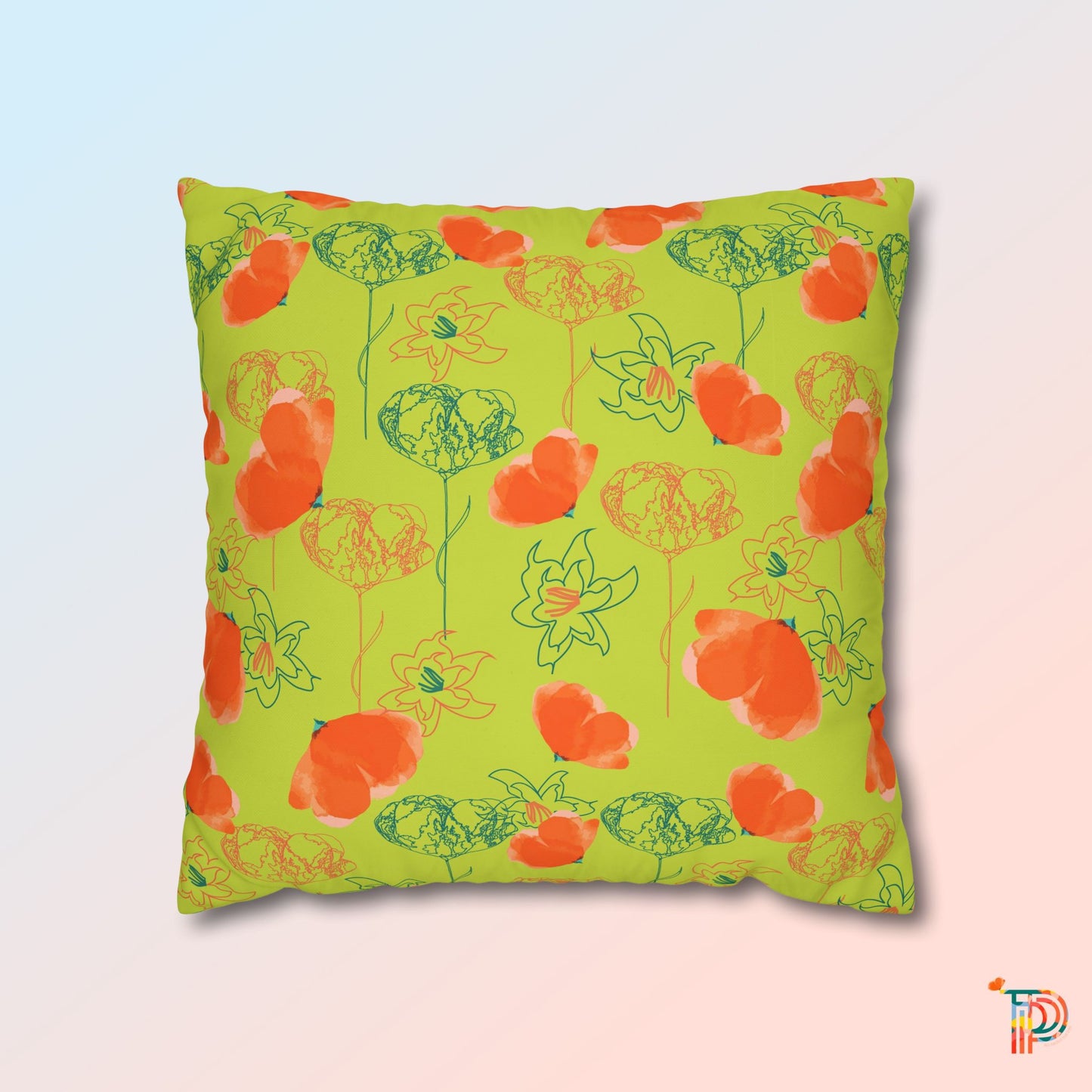 Lime Green Floral Square Poly Canvas Pillowcase