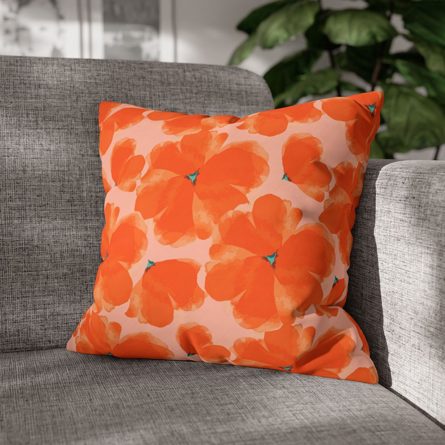 Orange Floral Square Poly Canvas Pillowcase