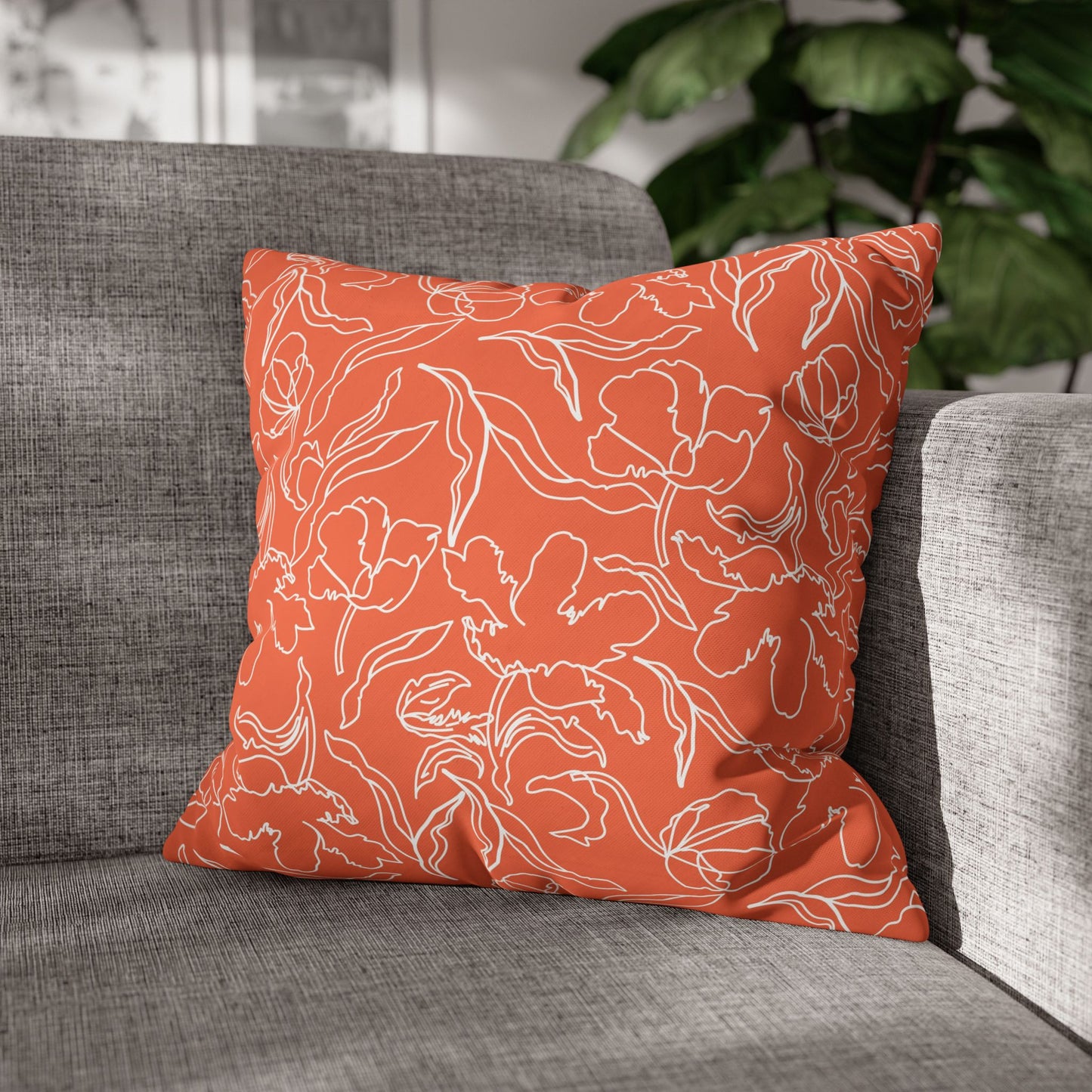 Orange Floral Square Poly Canvas Pillowcase