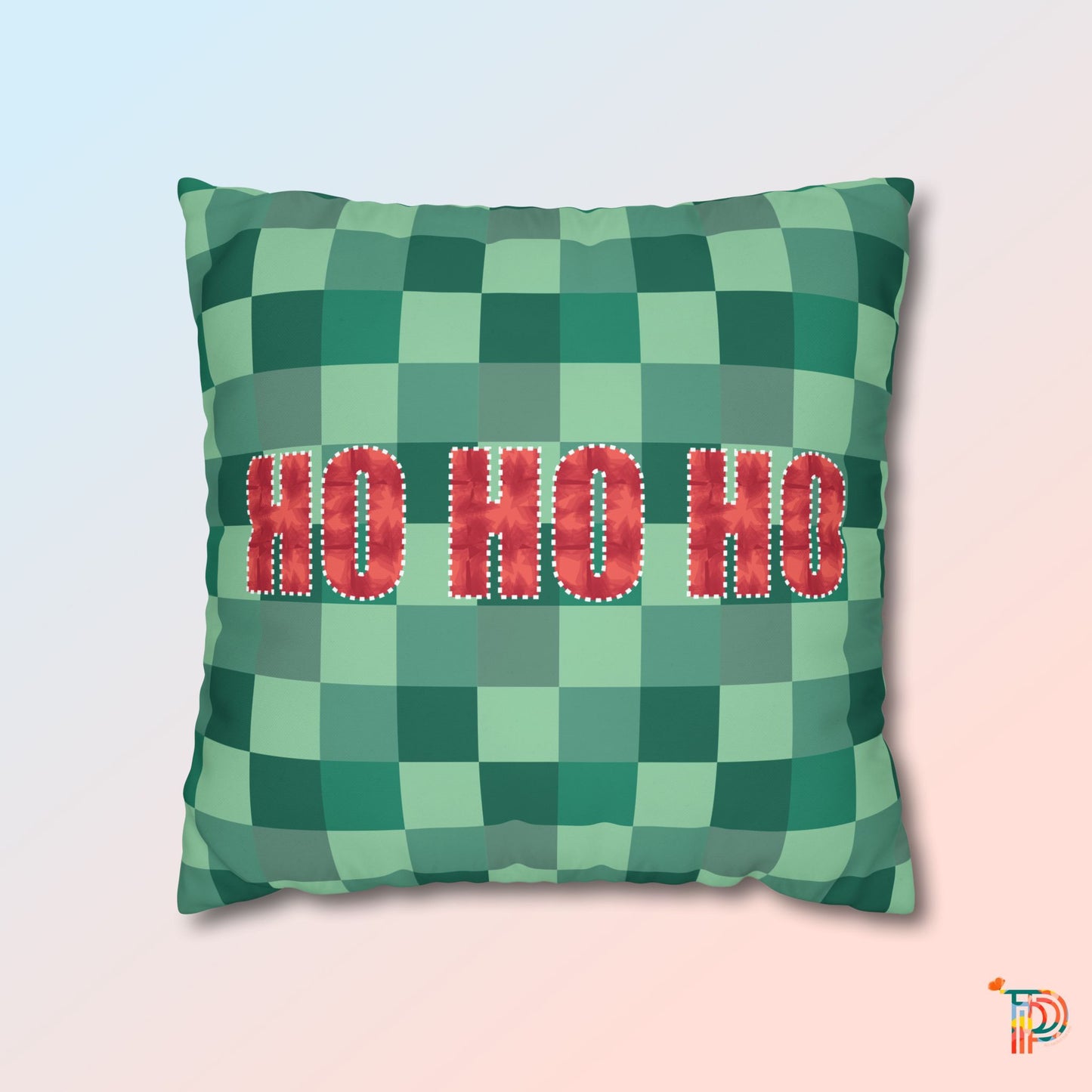 Square Pillowcase - Christmas Green Check Pattern, Ho Ho Ho Festive Vibe