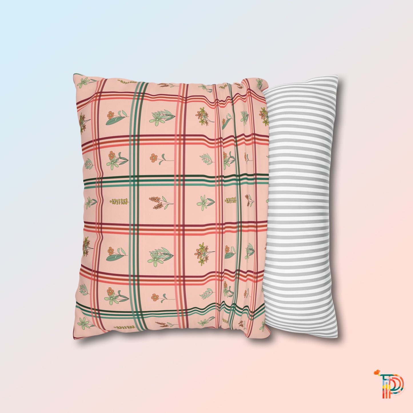 Bright Flower Pattern Check Style Square Poly Canvas Pillowcase