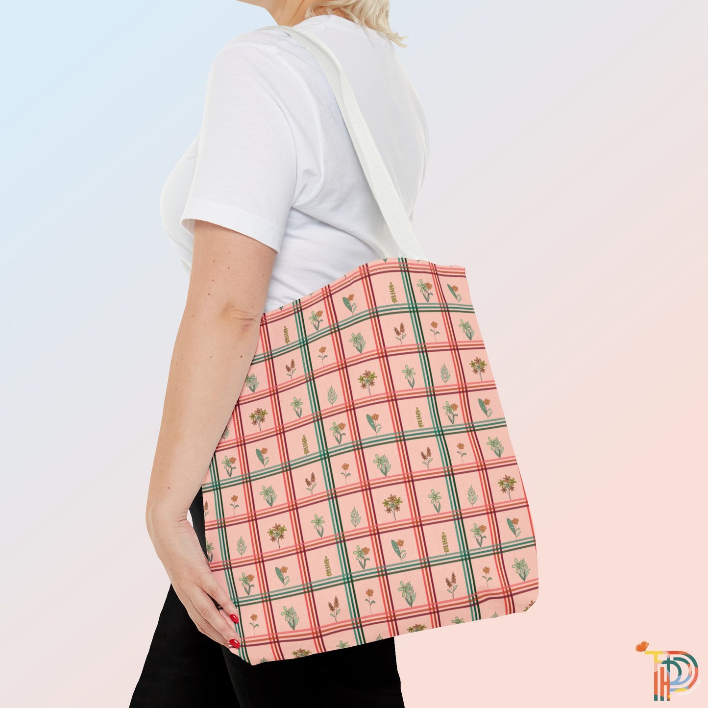 Peachy Checkered with Floral Pattern Tote Bag