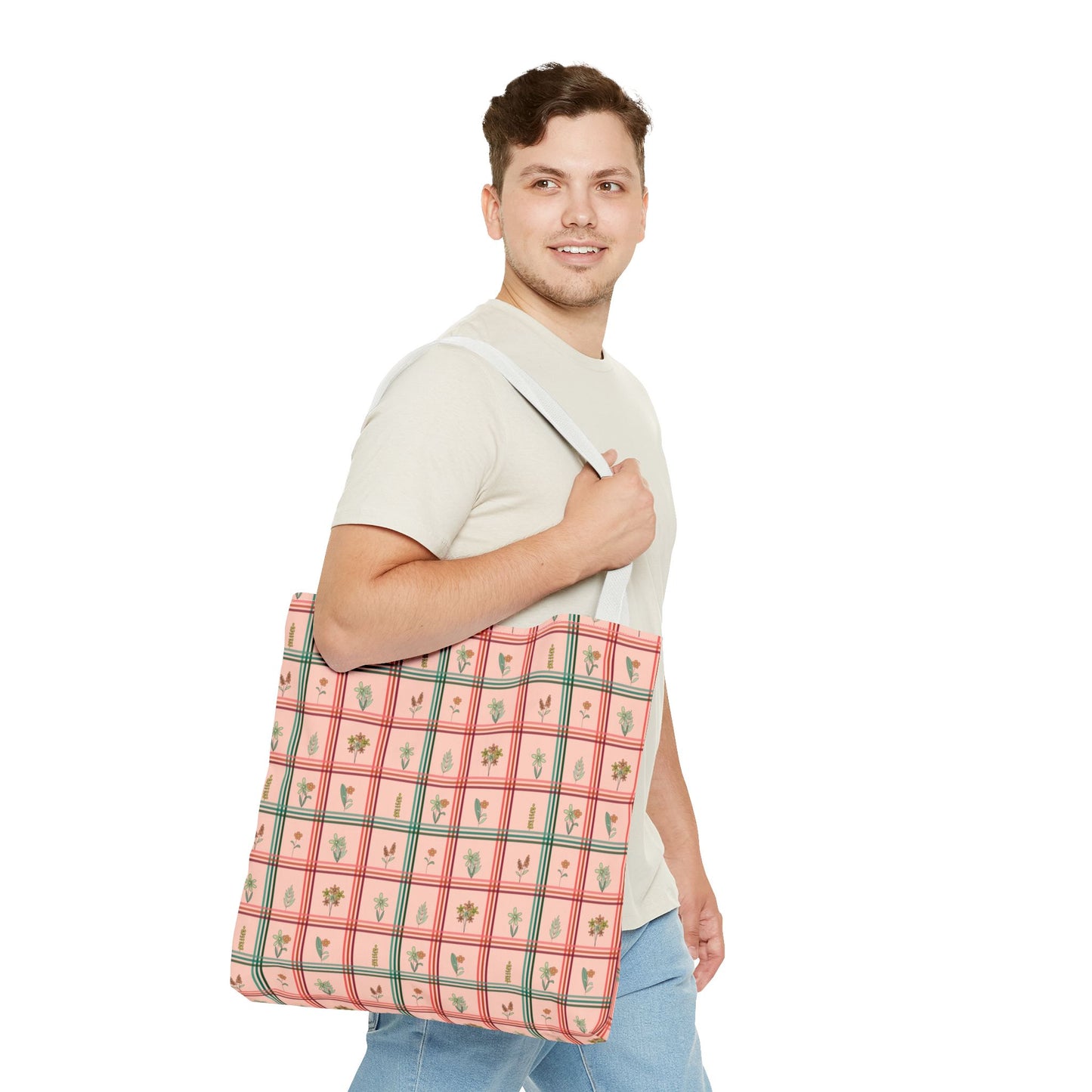 Peachy Checkered with Floral Pattern Tote Bag