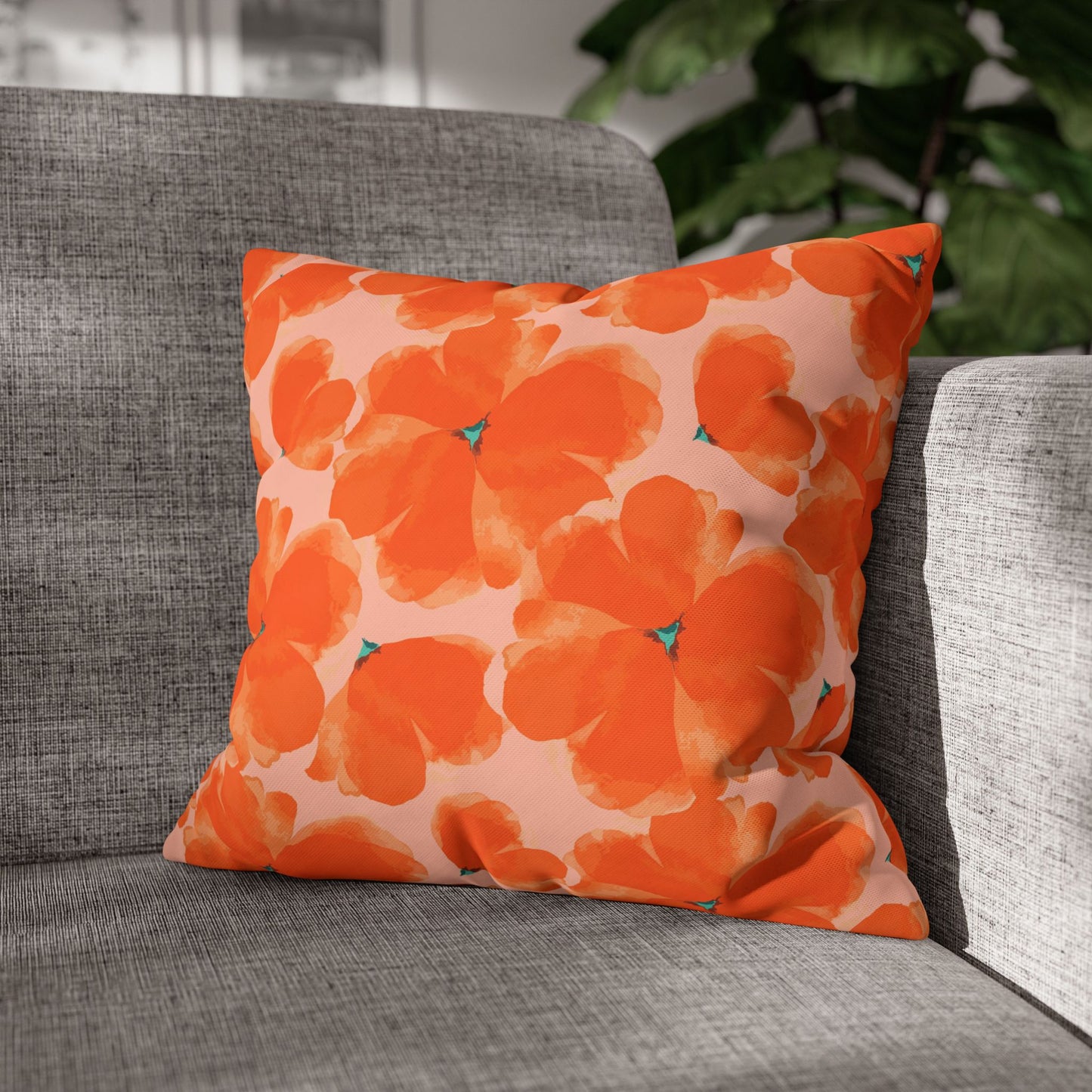 Orange Floral Square Poly Canvas Pillowcase