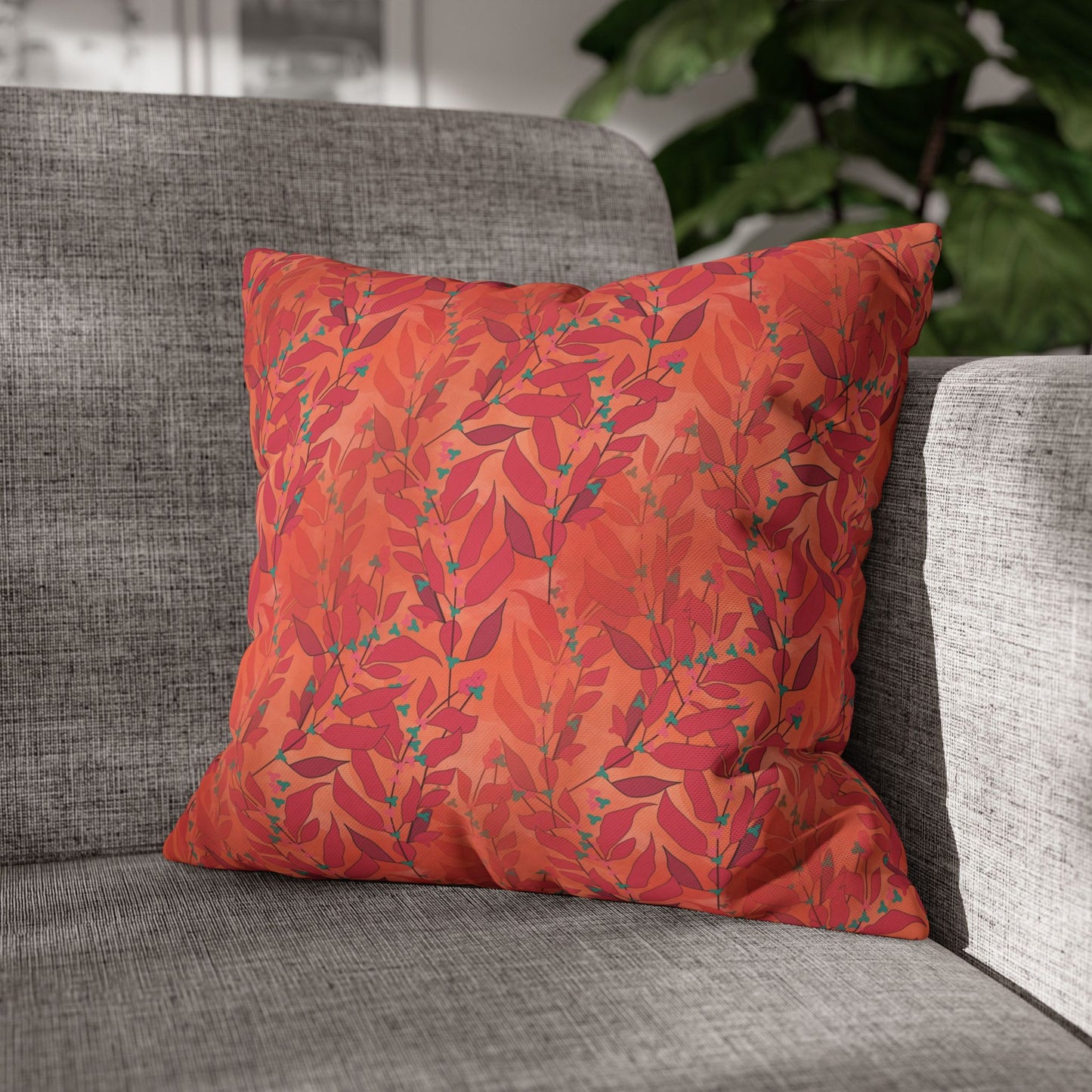 Orange Leafy Square Poly Canvas Pillowcase