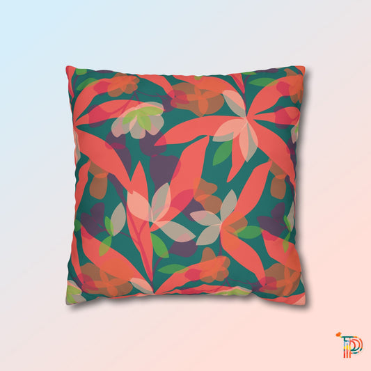 Green & Coral Leafy Square Poly Canvas Pillowcase