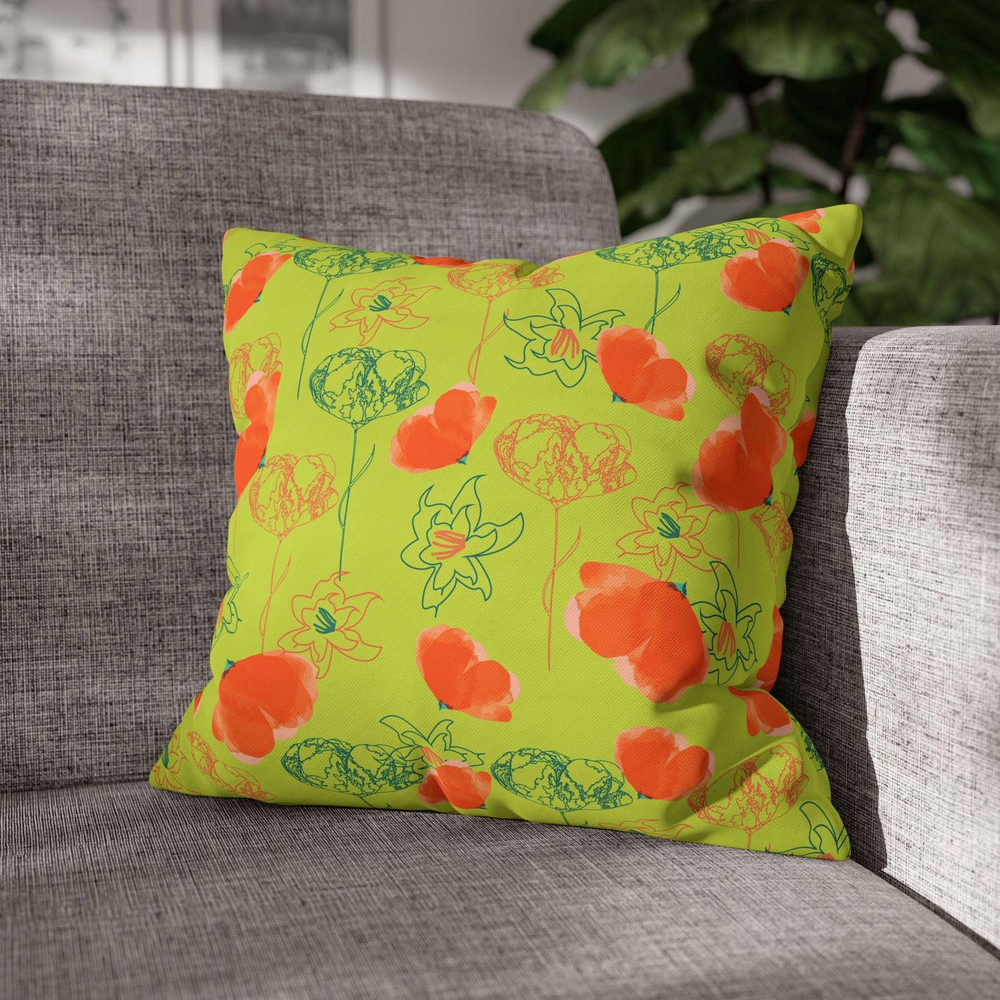 Lime Green Floral Square Poly Canvas Pillowcase