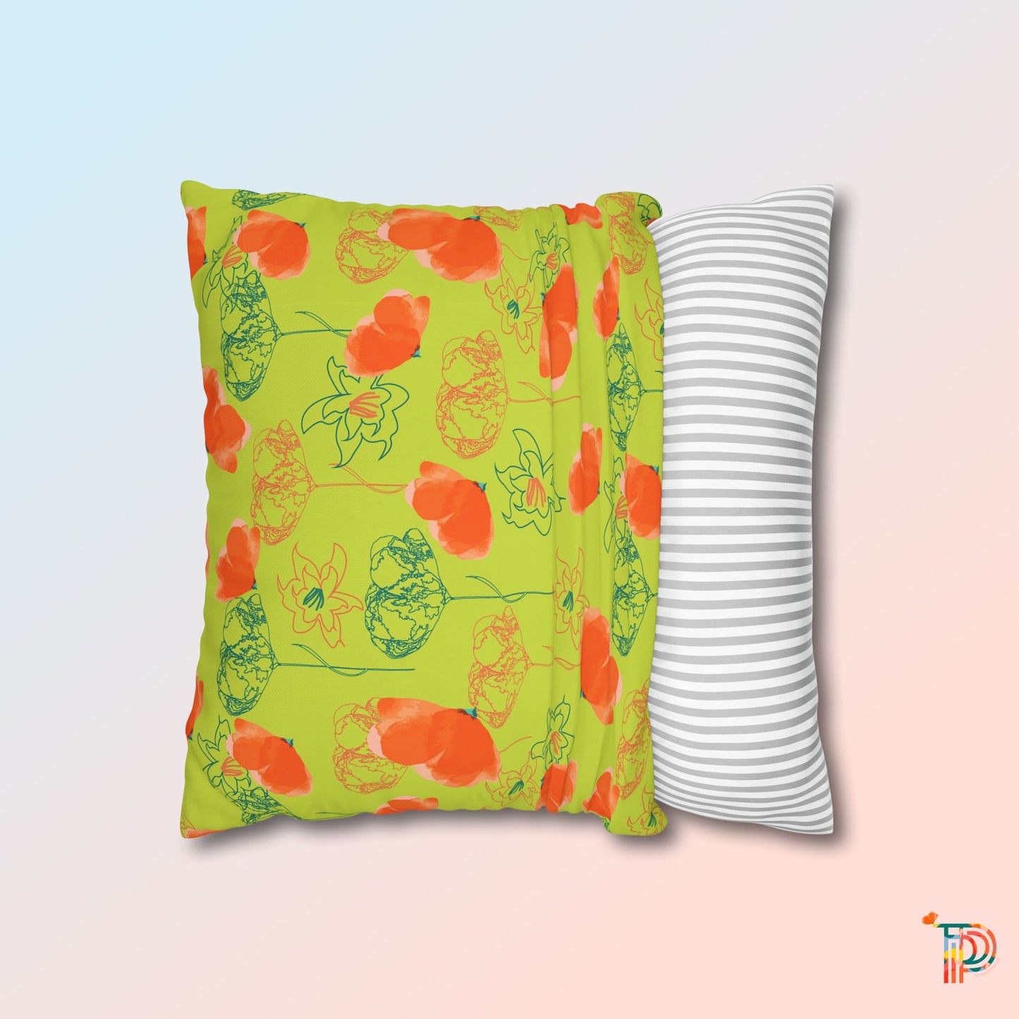 Lime Green Floral Square Poly Canvas Pillowcase