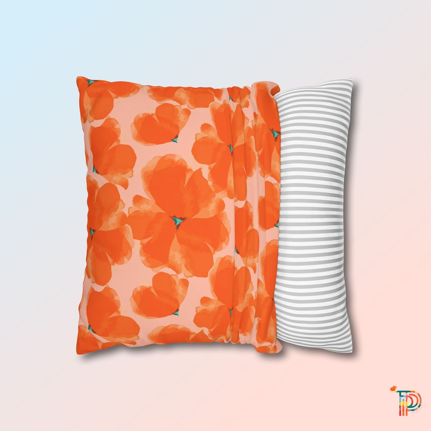 Orange Floral Square Poly Canvas Pillowcase