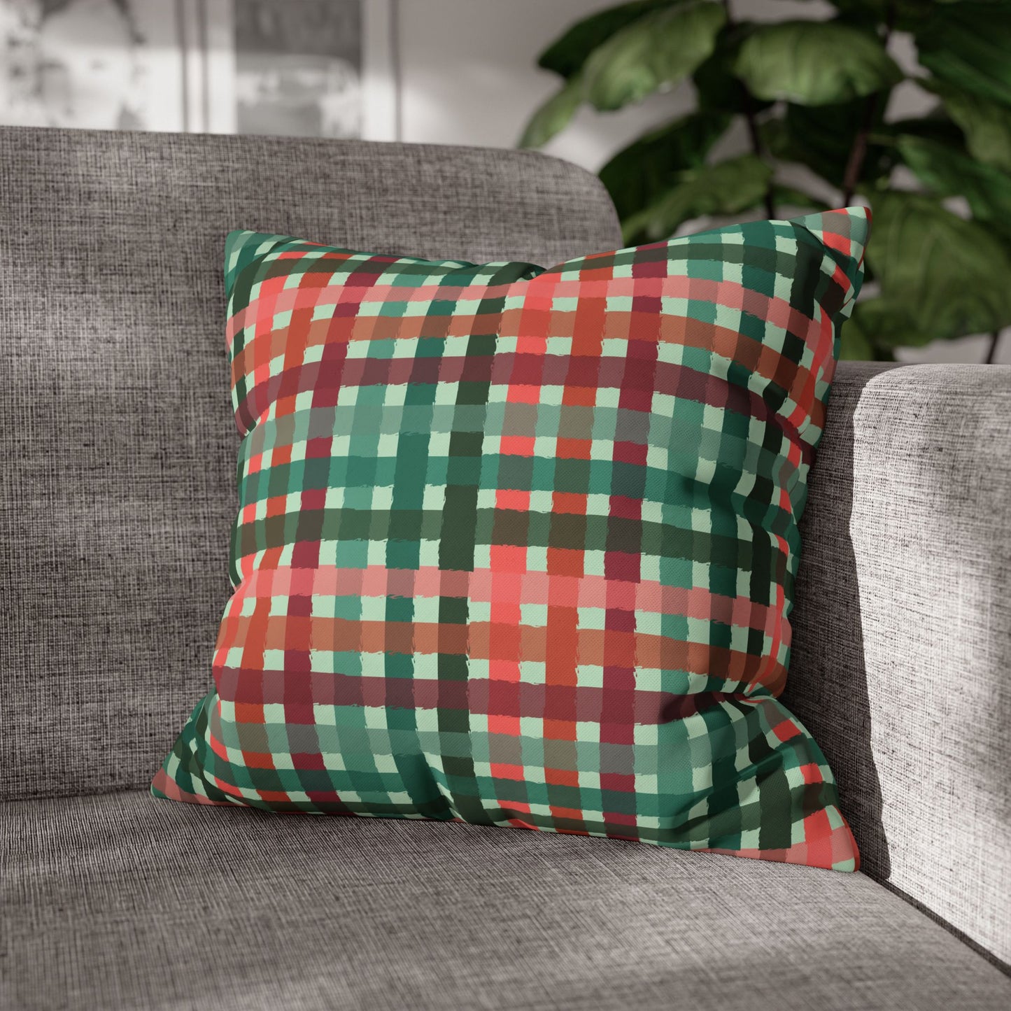 Poly Canvas Pillowcase - Festive Gingham Pattern in Red and Green