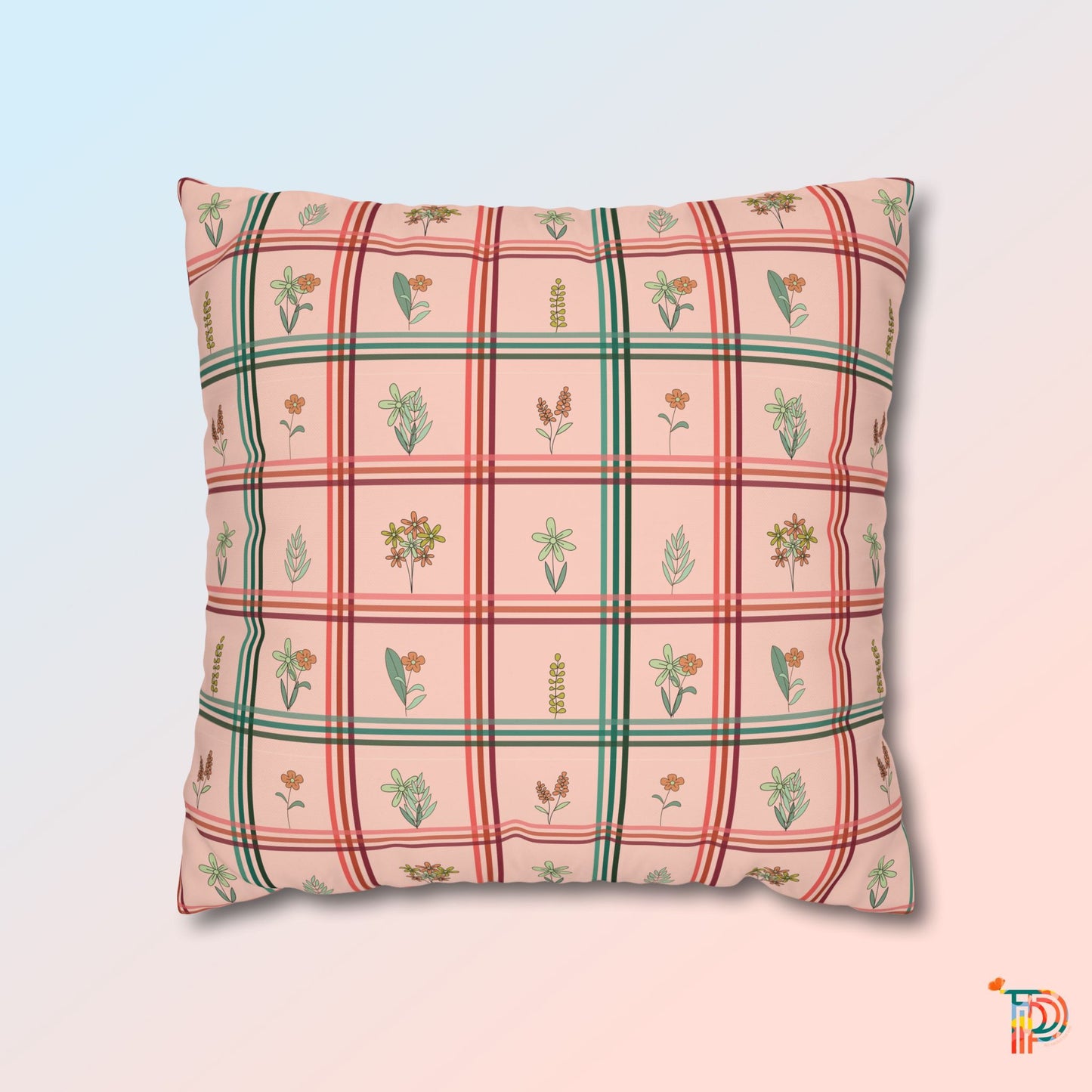 Bright Flower Pattern Check Style Square Poly Canvas Pillowcase