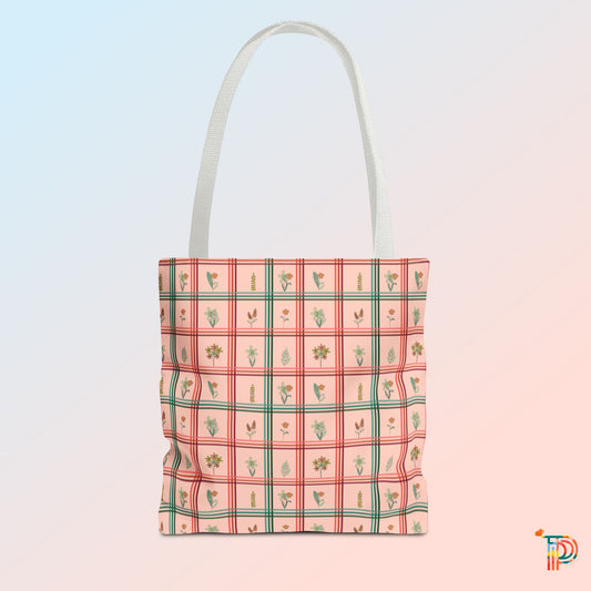 Peachy Checkered with Floral Pattern Tote Bag