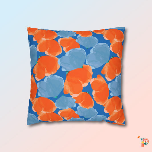 Blue & Orange Poppy Printed Poly Canvas Pillowcase