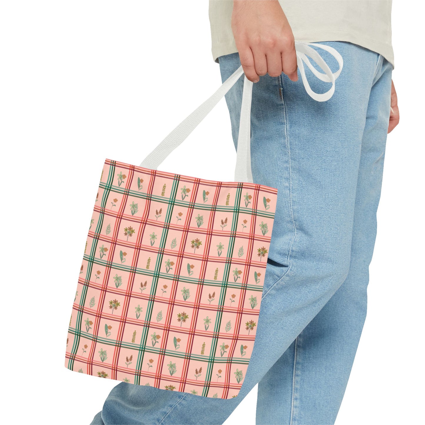 Peachy Checkered with Floral Pattern Tote Bag