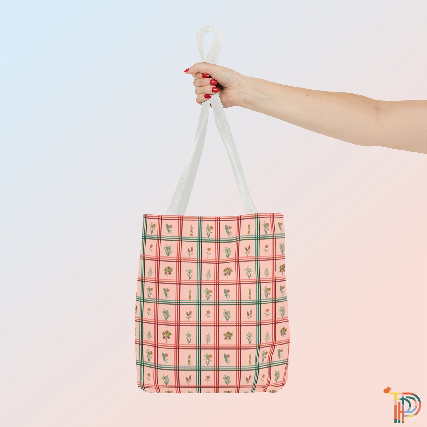 Peachy Checkered with Floral Pattern Tote Bag