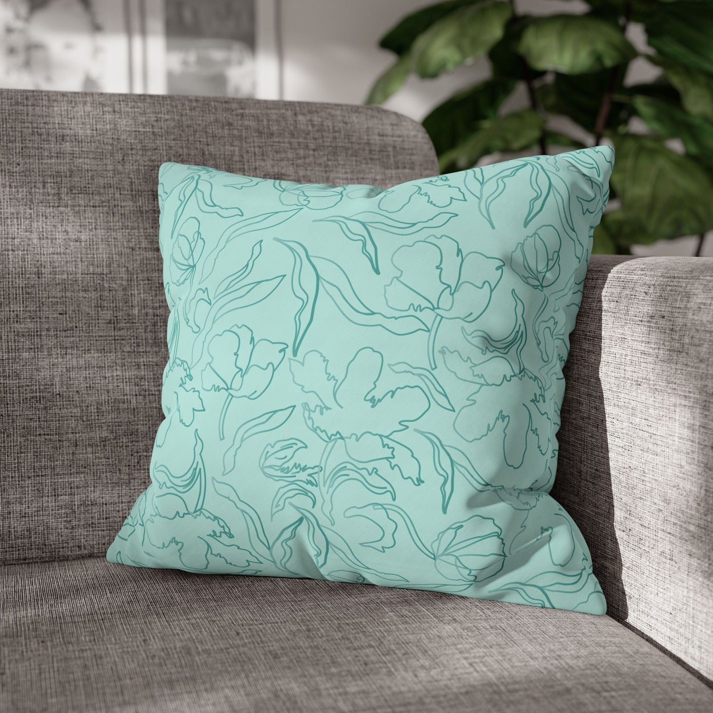 Mint Floral Square Poly Canvas Pillowcase