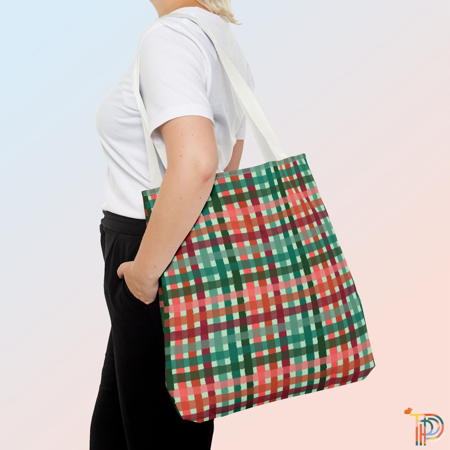 Green & Red Checkered Tote Bag - Festive Holiday Shopping Tote