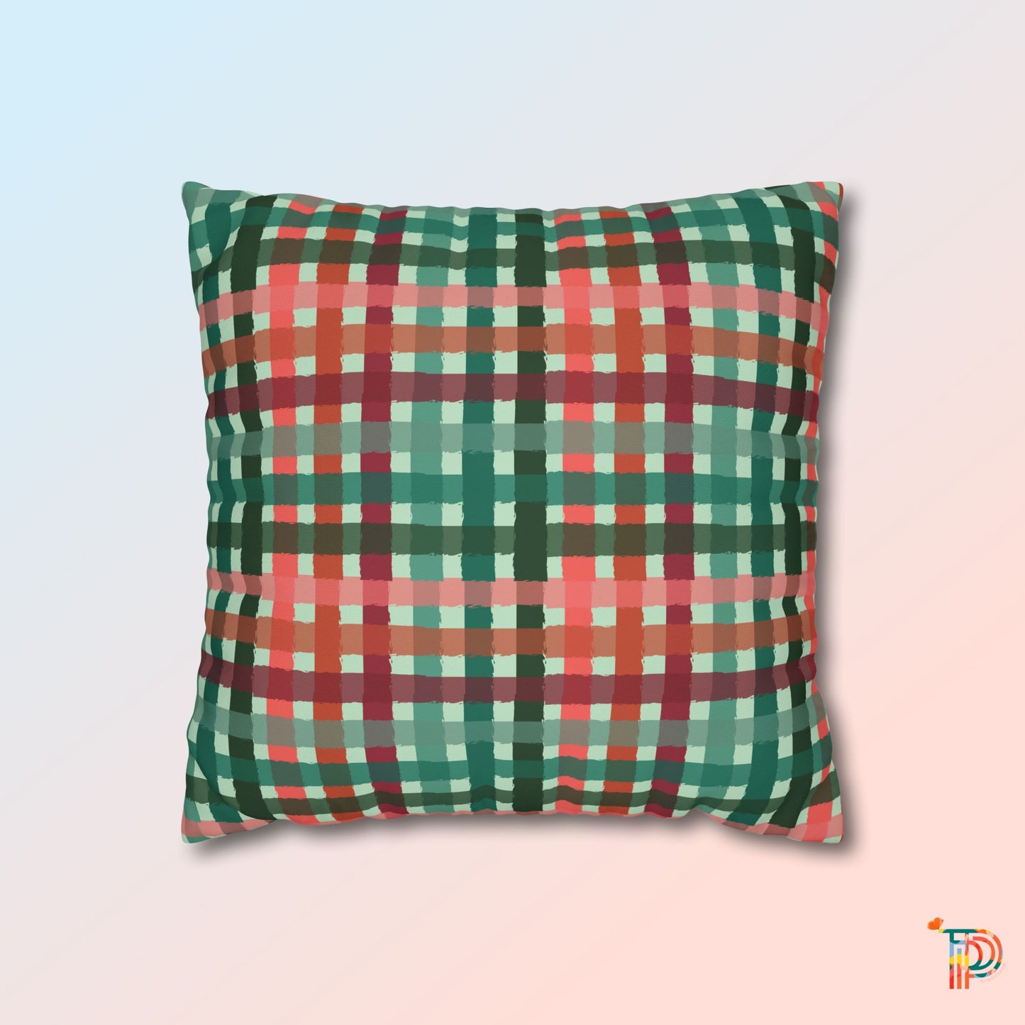 Poly Canvas Pillowcase - Festive Gingham Pattern in Red and Green