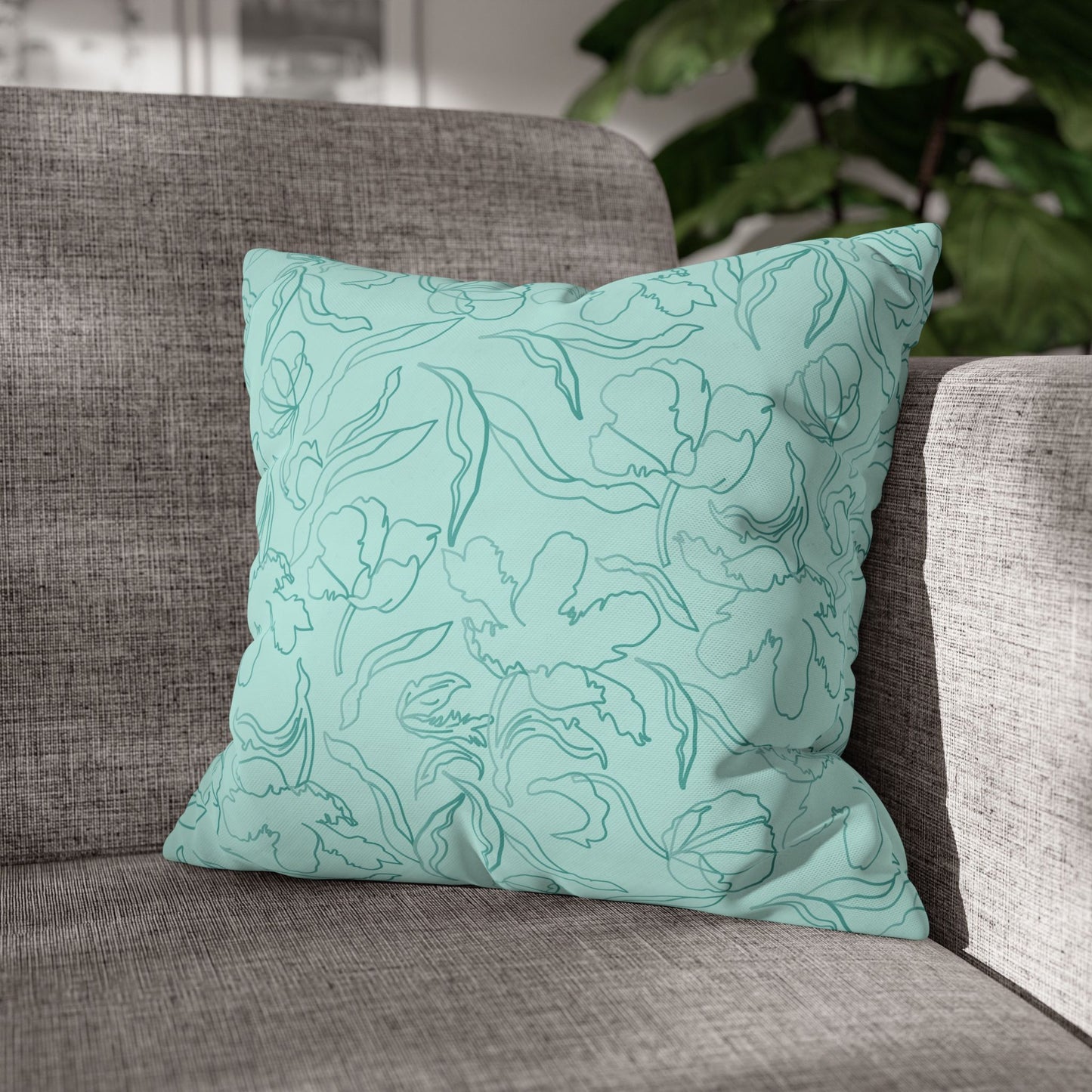 Mint Floral Square Poly Canvas Pillowcase