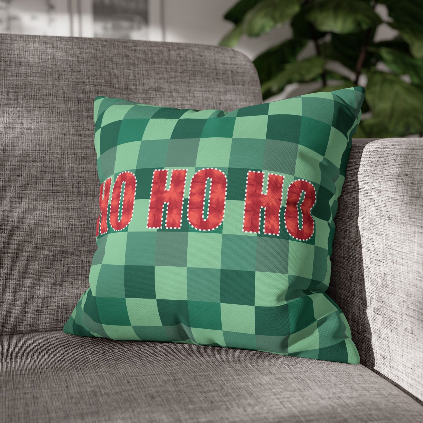 Square Pillowcase - Christmas Green Check Pattern, Ho Ho Ho Festive Vibe