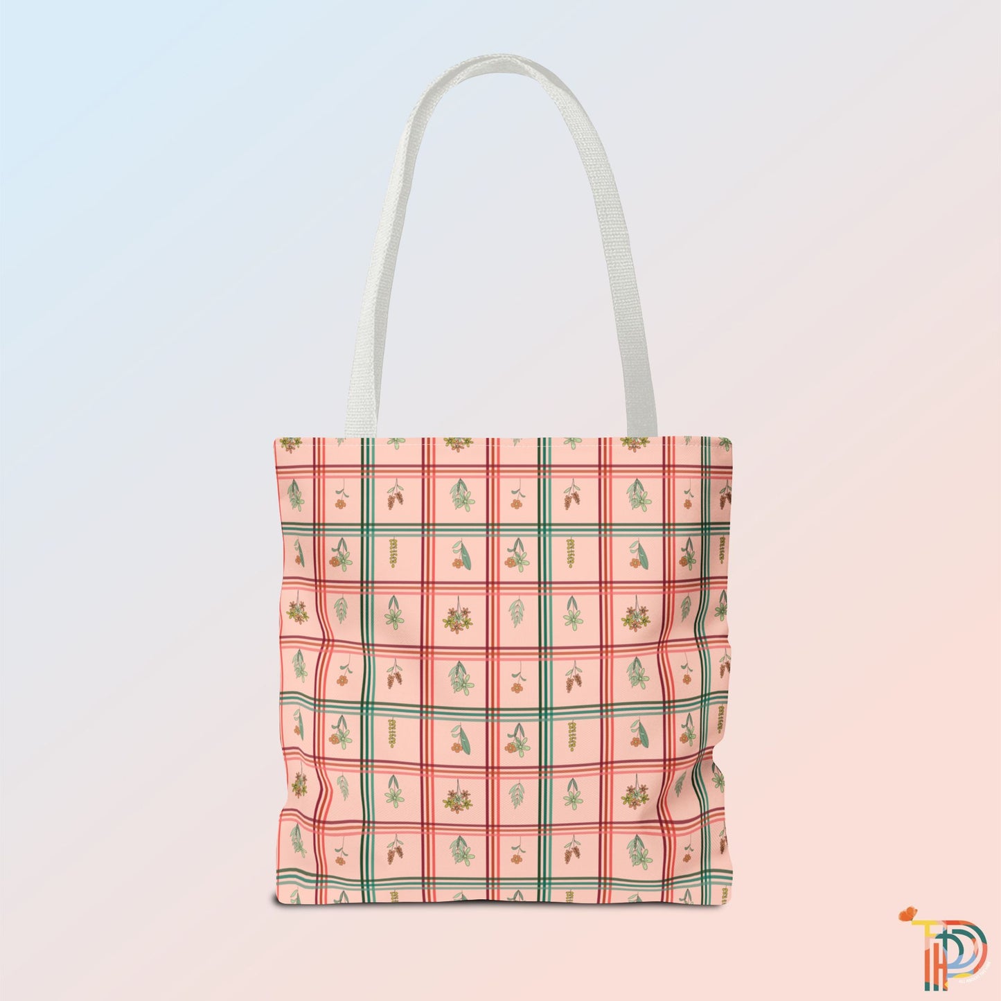 Peachy Checkered with Floral Pattern Tote Bag