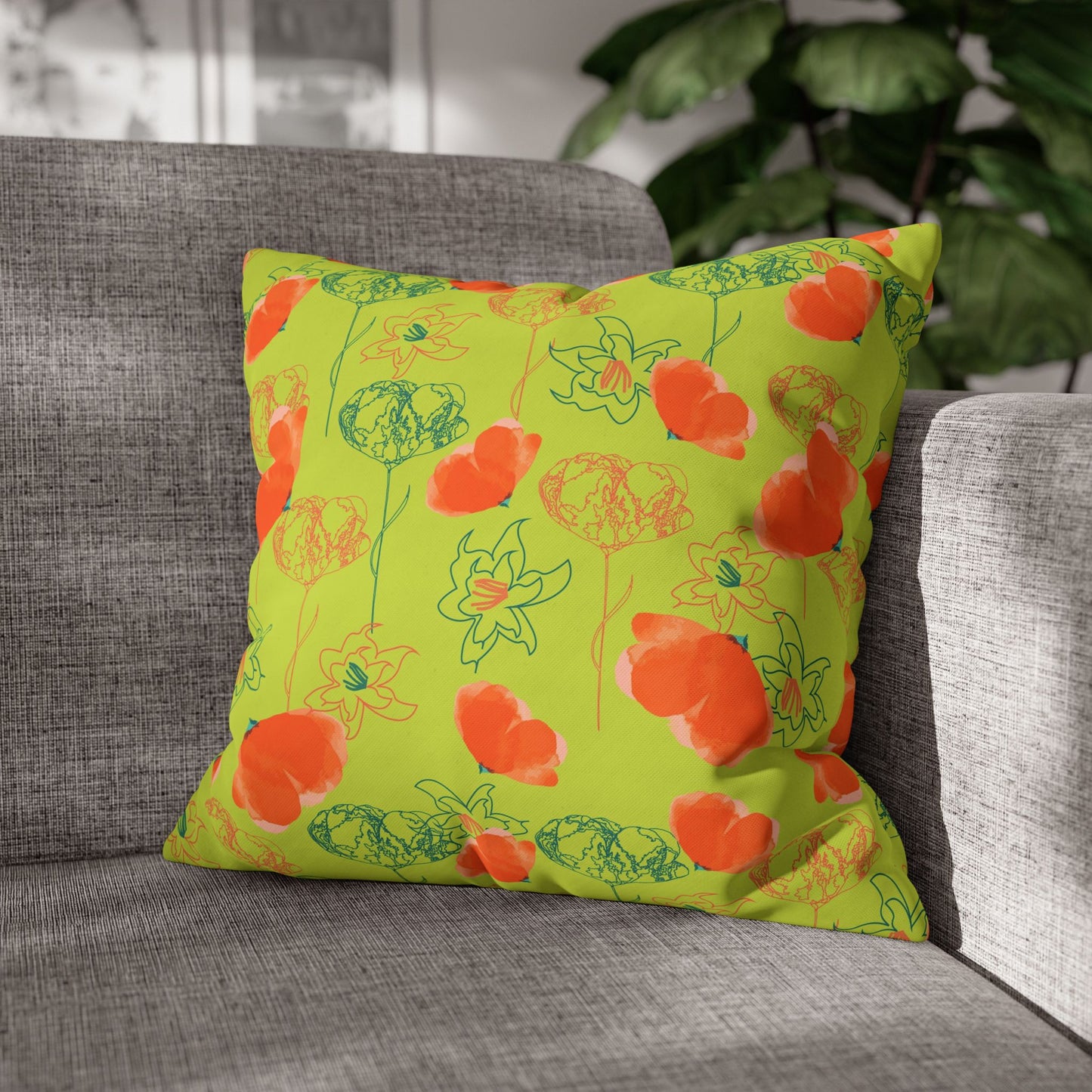 Lime Green Floral Square Poly Canvas Pillowcase