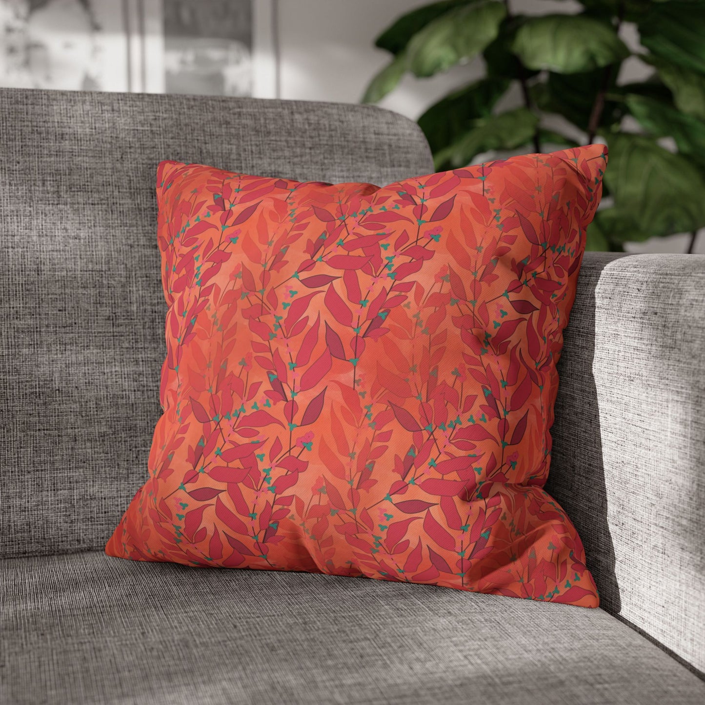 Orange Leafy Square Poly Canvas Pillowcase