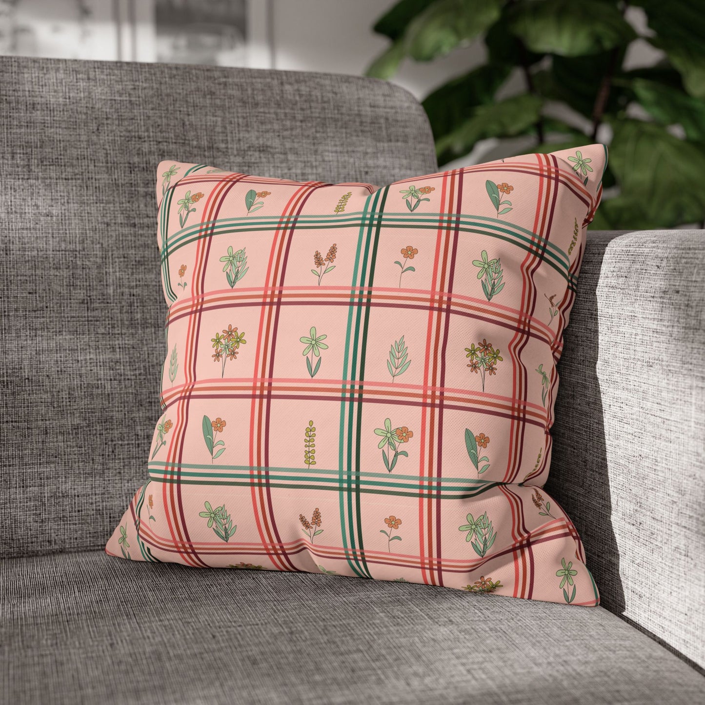 Bright Flower Pattern Check Style Square Poly Canvas Pillowcase