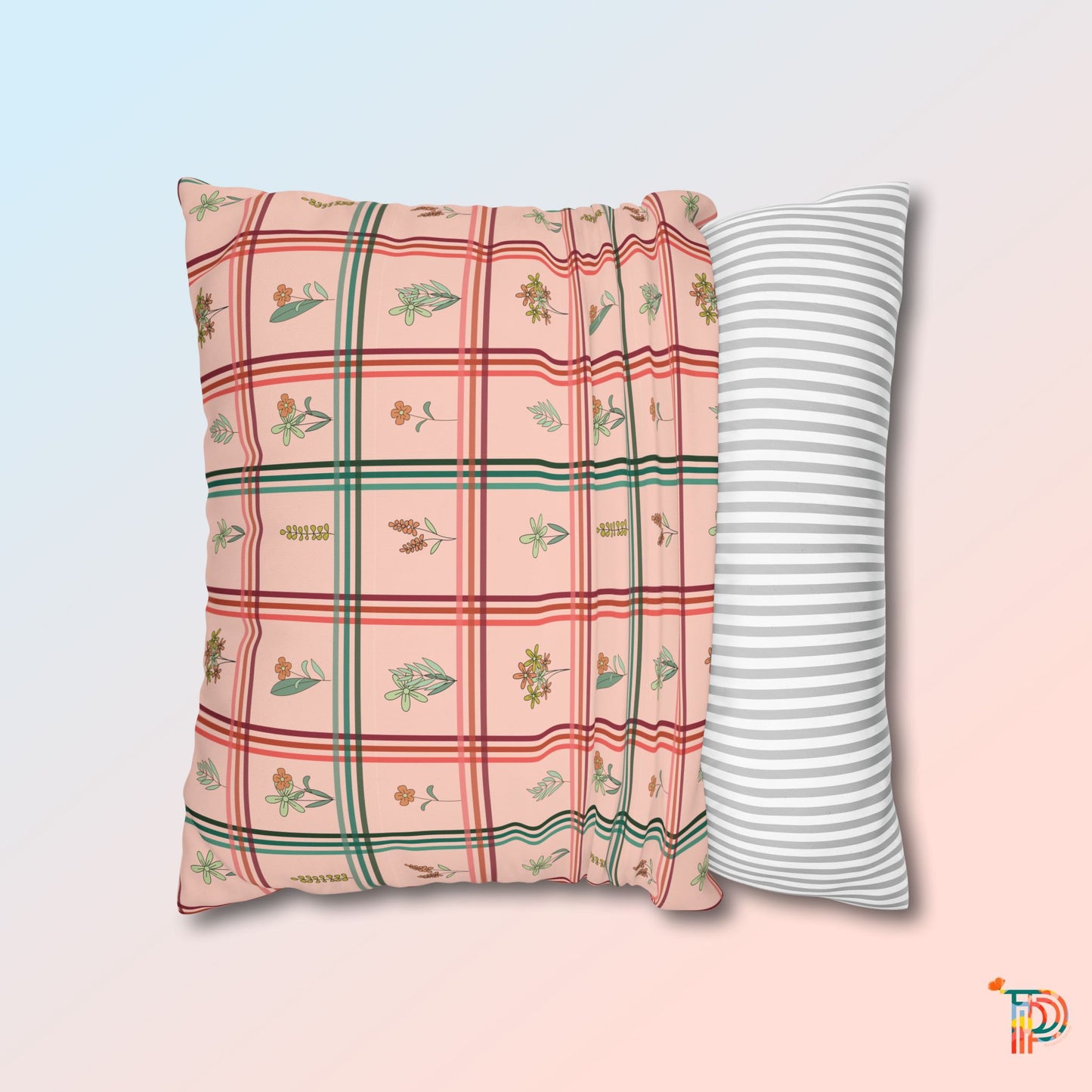 Bright Flower Pattern Check Style Square Poly Canvas Pillowcase