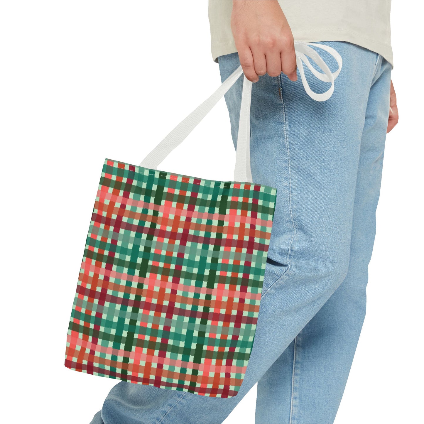 Green & Red Checkered Tote Bag - Festive Holiday Shopping Tote