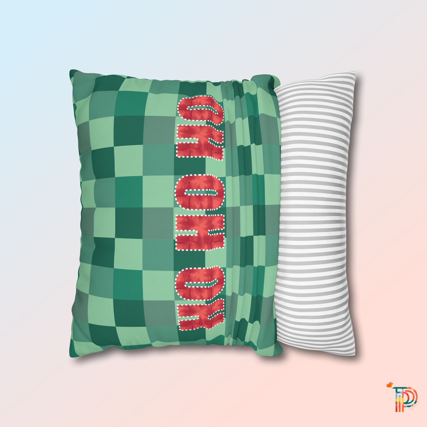 Square Pillowcase - Christmas Green Check Pattern, Ho Ho Ho Festive Vibe