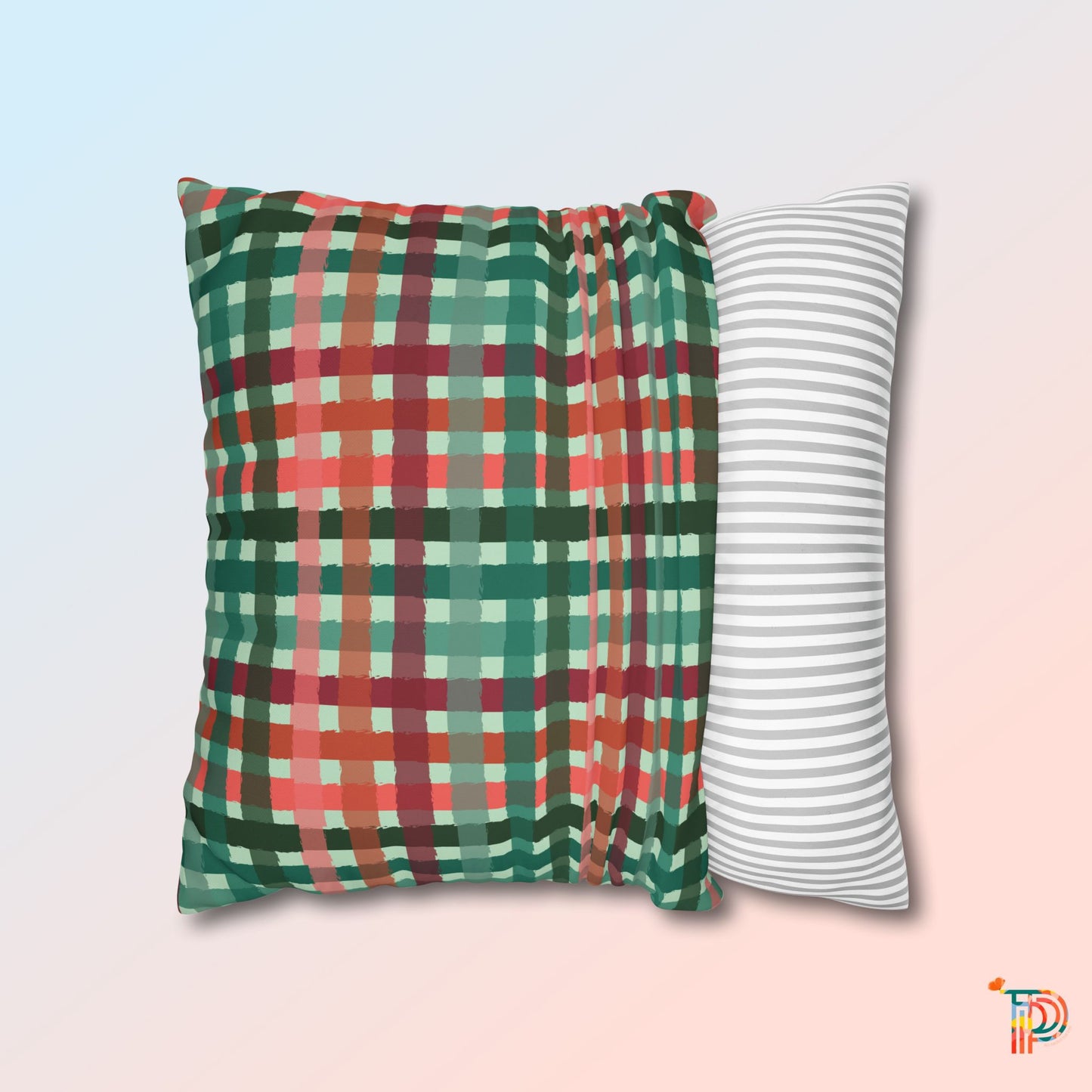 Poly Canvas Pillowcase - Festive Gingham Pattern in Red and Green