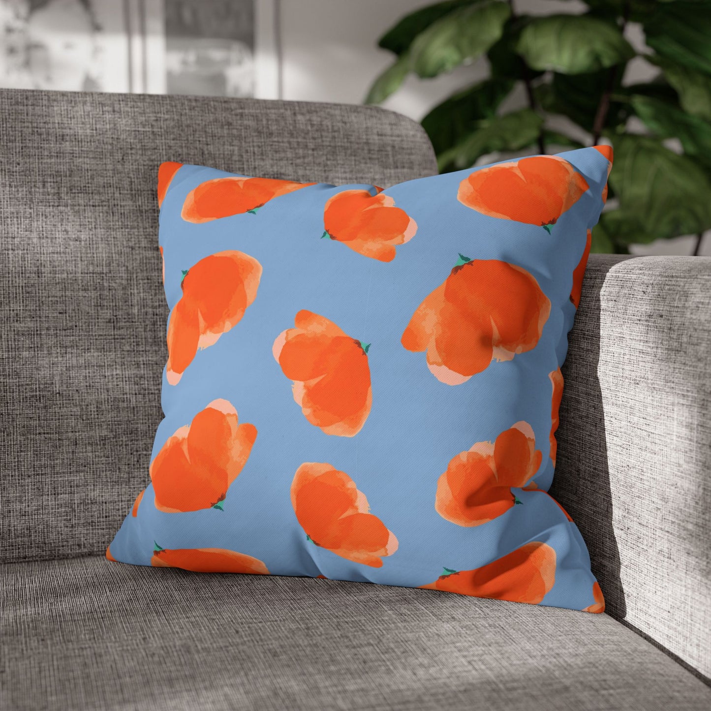 Poppy Flower Print Square Poly Canvas Pillowcase