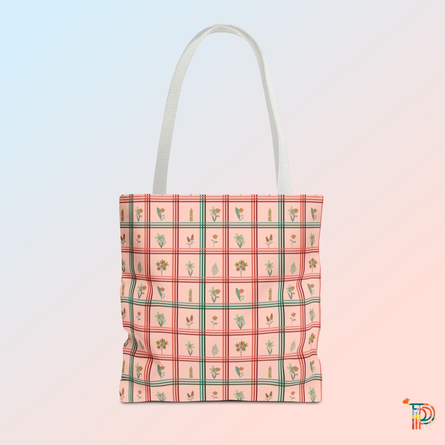 Peachy Checkered with Floral Pattern Tote Bag