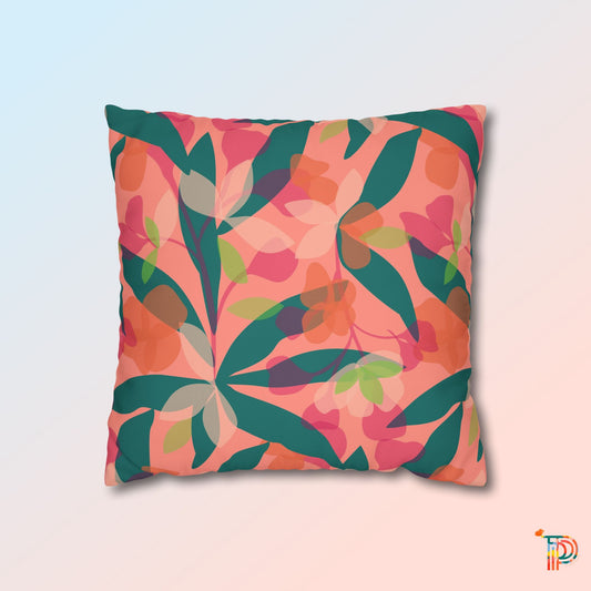 Peach & Green Leafy Square Poly Canvas Pillowcase