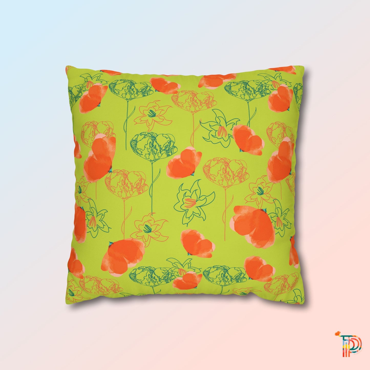 Lime Green Floral Square Poly Canvas Pillowcase