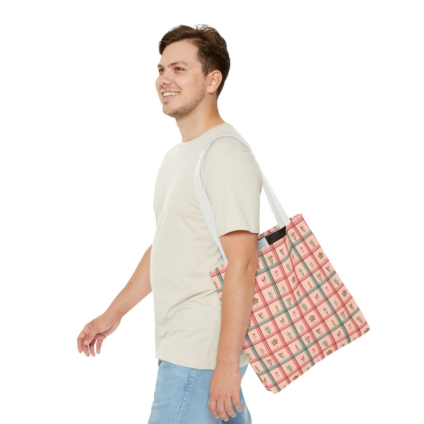 Peachy Checkered with Floral Pattern Tote Bag