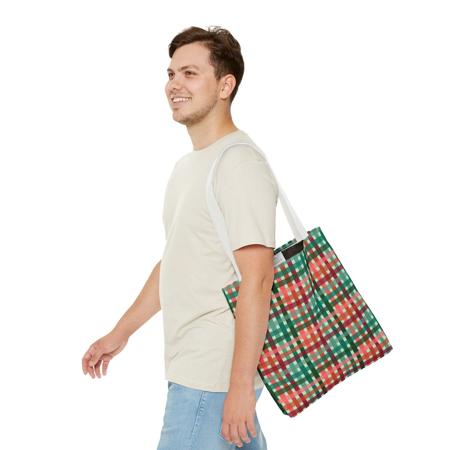 Green & Red Checkered Tote Bag - Festive Holiday Shopping Tote