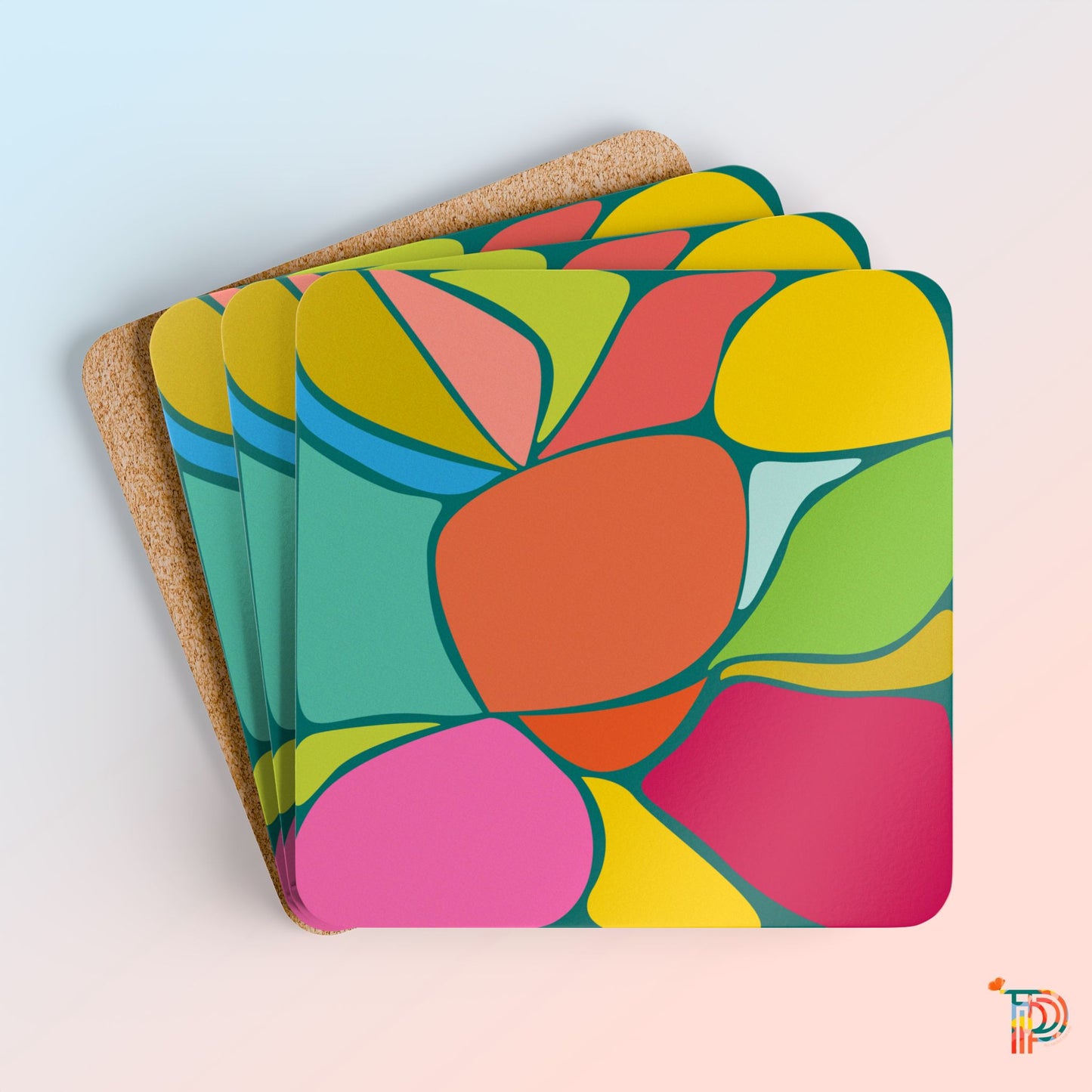 Vibrant Abstract Design Corkwood Coaster Set