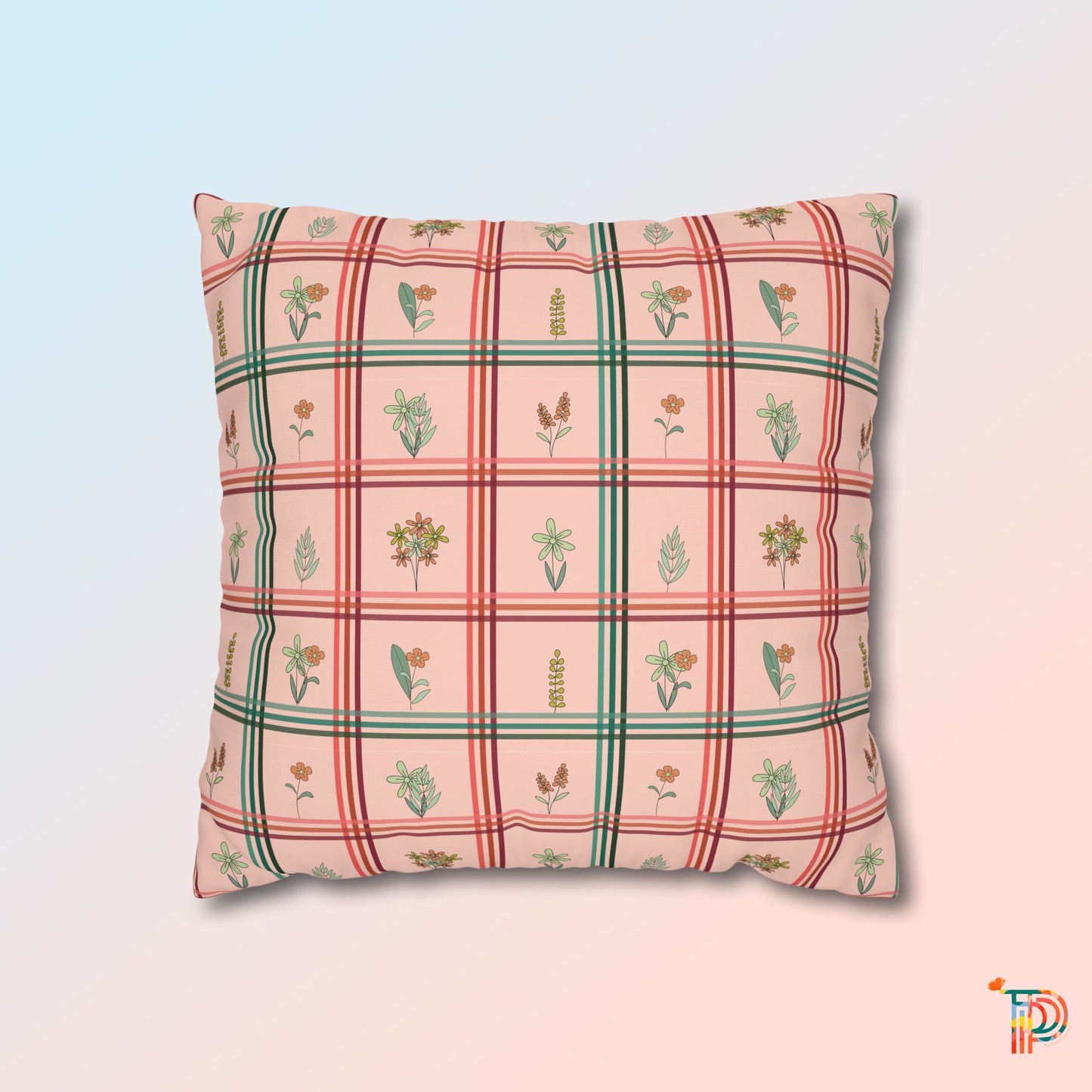 Bright Flower Pattern Check Style Square Poly Canvas Pillowcase