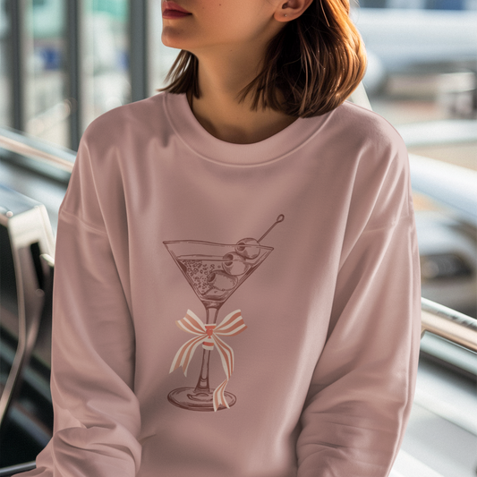 Dusty Rose Martini with A Bow Cozy Oversized Women's Holiday Sweatshirt